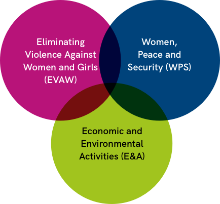 Venn diagram with overlapping sections for EVAW, WPS, and E&A.