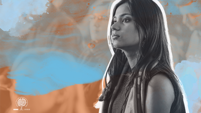 A woman in profile, set against a colorful abstract background with blue and orange swirls.