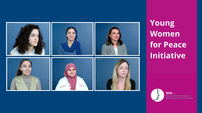 Six women in small portraits on blue background, alongside text: "Young Women for Peace Initiative" on pink.