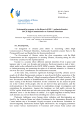 Statement by the Delegation of Ukraine in response to the report by the High Commissioner on National Minorities, Ambassador Lamberto Zannier