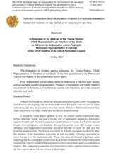 Statement by the Delegation of Armenia in response to the report by the OSCE Representative on Freedom of the Media, Ms. Teresa Ribeiro