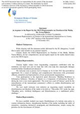 Statement by the Delegation of Ukraine in response to the report by the OSCE Representative on Freedom of the Media, Ms. Teresa Ribeiro