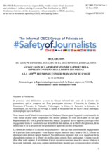 Declaration du Groupe informel des amis de la securite des journalistes à l’occasion de la presentation du rapport de la Representante pour la liberte des medias