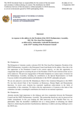 Statement by the Delegation of Armenia in response to the address by the President of the OSCE Parliamentary Assembly, H.E. Mr. Pere Joan Pons Sampietro