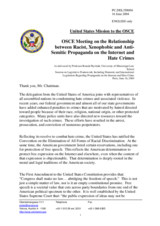 Session on Legislative Framework, Including Domestic and International Legislation Regarding Propaganda on the Internet and Hate Crime: contribution by Ronald Rychlak, US