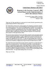 Statement by the Delegation of the United States in response to the 2009 Annual Report on the Implementation of OSCE Recruitment Policies by the Secretary General, Ambassador Marc Perrin de Brichambaut
