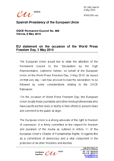 Statement by the Spanish Presidency of the Council of the European Union on the Declaration by the High Representative, Catherine Ashton, on behalf of the European Union on the World Press Freedom Day, 3 May 2010