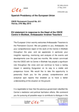 Statement by the Spanish Presidency of the Council of the European Union in response to the report by the Head of the OSCE Centre in Bishkek, Ambassador Andrew Tesoriere