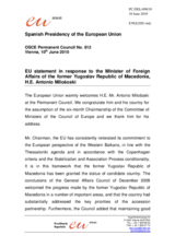 Statement by the Spanish Presidency of the Council of the European Union in response to the address by the Minister for Foreign Affairs of the FYROM and the Chairman of the Committee of Ministers of the Council of Europe, Antonio Milososki