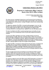 Statement by the Delegation of the United States in response to the report by the Head of the OSCE Office in Baku, Ambassador Bilge Cankorel
