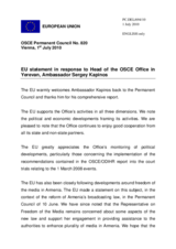 Statement by the Belgian Presidency of the Council of the European Union in response to the report by the Head of the OSCE Office in Yerevan, Ambassador Sergey Kapinos