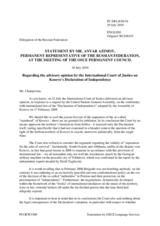 Statement by the Delegation of the Russian Federation on the advisory opinion by the International Court of Justice on Kosovo's Declaration of Independence, issued on 22 July 2010