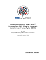 Regional Meeting of National Co-ordinators on Combating Human Trafficking, Vienna, 29 October 2010: Address by ODIHR Director Address by Ambassador Janez Lenarcic