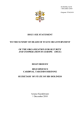 Statement by H.E. Cardinal Tarcisio Bertone, Secretary of State of His Holiness, Holy See