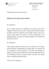 Statement by the Delegation of Switzerland on the attacks in Oslo and on Utoya Island in Norway