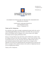 Statement by the Delegation of Norway on the killing of the head of Afghanistan’s High Peace Council and former president of Afghanistan Mr. B. Rabbani