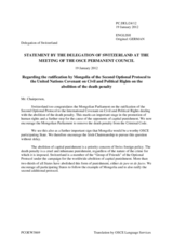 Statement by the Delegation of Switzerland on the ratification by the Mongolian Parliament of the Second Optional Protocol to the International Covenant on Civil and Political Rights, aiming at the abolition of the death penalty