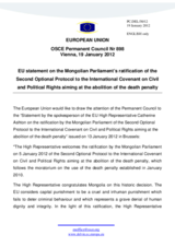 Statement by the Danish Presidency of the Council of the EU on the ratification by the Mongolian Parliament of the Second Optional Protocol to the International Covenant on Civil and Political Rights, aiming at the abolition of the death penalty