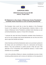 Statement by the Danish Presidency of the Council of the EU on the release of Mr. A. Sannikov and Mr. D. Bandarenka in Belarus