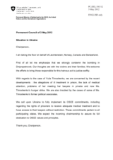 Statement by the Delegation of Switzerland, also on behalf of Canada, Liechtenstein and Norway, on the blasts in Dnipropetrovsk, Ukraine, on 27 April 2012, and the rule of law in Ukraine