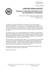 Statement by the Delegation of the United States on the decriminalization of defamation in the former Yugoslav Republic of Macedonia