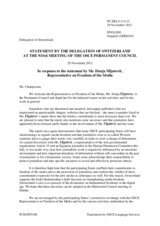 Statement by the Delegation of Switzerland in response to the report by the OSCE Representative on Freedom of the Media, Ms. Dunja Mijatovic
