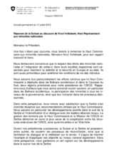 Réponse de la Suisse au discours de Knut Vollebaek, Haut Représentant aux minorités nationales