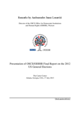 Remarks by Ambassador Janez Lenarčič at the Presentation of the OSCE/ODIHR Final Report on the 2012 US General Elections at The Carter Center 