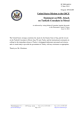 Statement by the Delegation of the United States on the attack against the Consulate General of Turkey in Mosul, Iraq