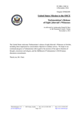 Statement by the Delegation of the United States of America on the release of eight Jehovah’s Witnesses in Turkmenistan