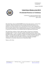 Statement by the Delegation of the United States of America on the presidential elections in Uzbekistan, held on 29 March 2015