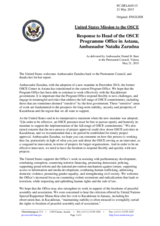 Statement by the Delegation of the United States of America in response to the report by the Head of the OSCE Programme Office in Astana, Ambassador Natalia Zarudna