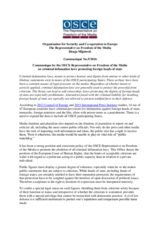 Communique by the OSCE Representative on Freedom of the Media  on criminal defamation laws protecting foreign heads of state