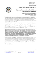 Statement by the Delegation of the United States of America on the ongoing concerns about restrictions on civil society in the Russian Federation