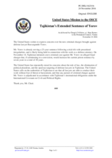 Statement by the Delegation of the United States of America on the extension of the prison sentence of Mr. B. Yorov in Tajikistan