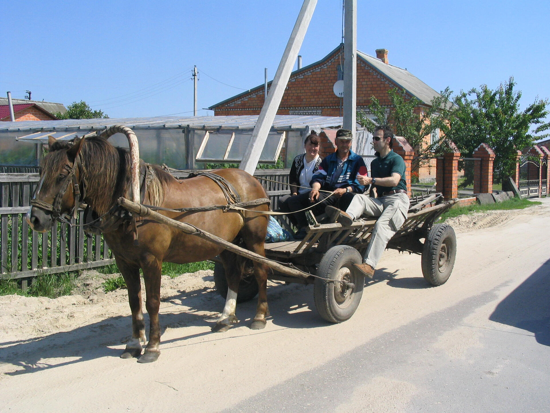 People on horse-drawn cart riding along a village street.